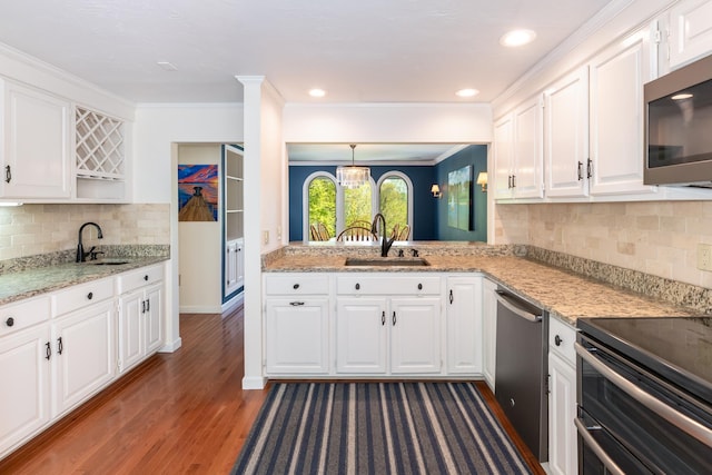 21 Hawk Ridge Rd, Meredith, NH 03253 - kitchen with a sink, appliances with stainless steel finishes, open shelves, white cabinetry, and ornamental molding