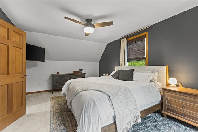 100 Maplewood Ave, Milton, VT 05468 - bedroom with light carpet, vaulted ceiling, a ceiling fan, and baseboards