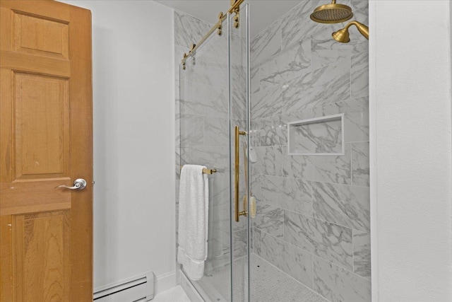 100 Maplewood Ave, Milton, VT 05468 - bathroom featuring a baseboard radiator and a shower stall