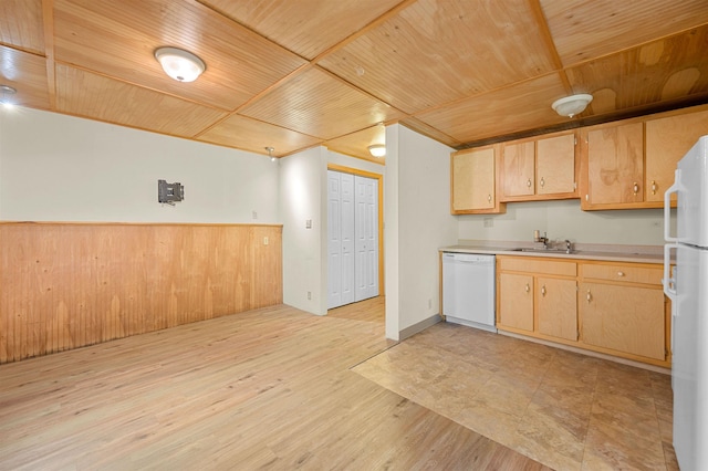 1572 Stowe Hollow Rd, Stowe, VT 05672 - kitchen with white appliances, wooden ceiling, a sink, light countertops, and light wood-type flooring