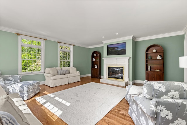34 Orchard Hill Rd, Greenland, NH 03840 - living room with crown molding, wood finished floors, baseboards, and a premium fireplace