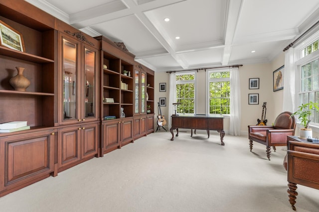 34 Orchard Hill Rd, Greenland, NH 03840 - sitting room featuring carpet floors, beamed ceiling, coffered ceiling, a desk, and recessed lighting