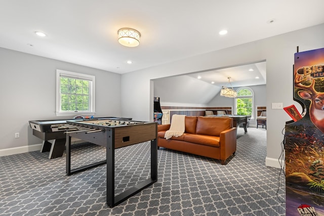34 Orchard Hill Rd, Greenland, NH 03840 - playroom with carpet floors, baseboards, recessed lighting, and vaulted ceiling