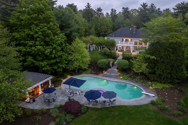 34 Orchard Hill Rd, Greenland, NH 03840 - swimming pool with a pergola, stairs, a patio area, outdoor dining space, and a diving board