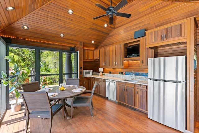 34 Orchard Hill Rd, Greenland, NH 03840 - kitchen featuring appliances with stainless steel finishes, a sink, lofted ceiling, a ceiling fan, and wood ceiling
