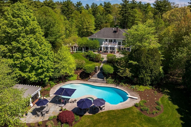 34 Orchard Hill Rd, Greenland, NH 03840 - outdoor pool with a patio area, outdoor dining space, a diving board, and a pergola