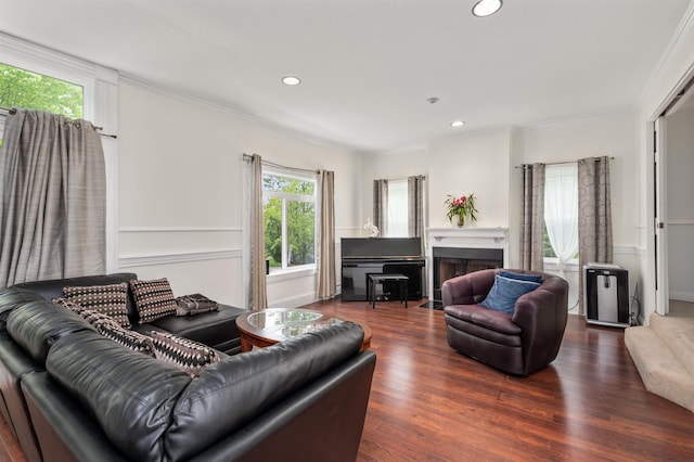 12 Drew Ln, Laconia, NH 03246 - living area with healthy amount of natural light, crown molding, wood finished floors, recessed lighting, and a fireplace with flush hearth