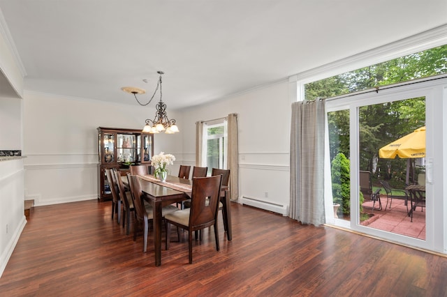 12 Drew Ln, Laconia, NH 03246 - dining room with a baseboard radiator, crown molding, dark wood finished floors, and a chandelier