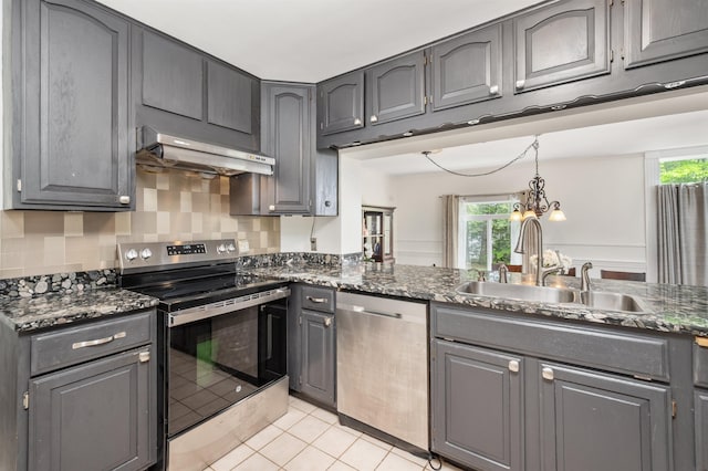 12 Drew Ln, Laconia, NH 03246 - kitchen with appliances with stainless steel finishes, gray cabinetry, a sink, under cabinet range hood, and light tile patterned flooring
