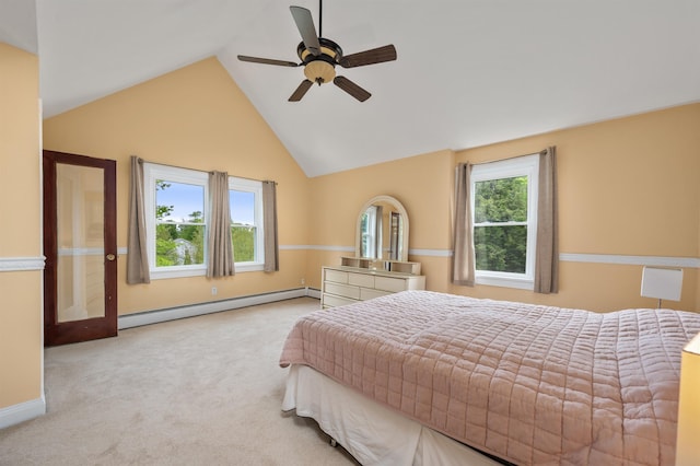 12 Drew Ln, Laconia, NH 03246 - carpeted bedroom with a baseboard heating unit, vaulted ceiling, baseboards, and ceiling fan