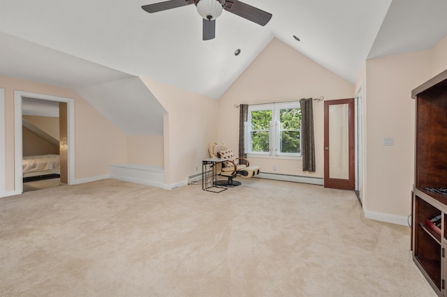 12 Drew Ln, Laconia, NH 03246 - unfurnished room featuring lofted ceiling, carpet floors, a baseboard heating unit, ceiling fan, and baseboards