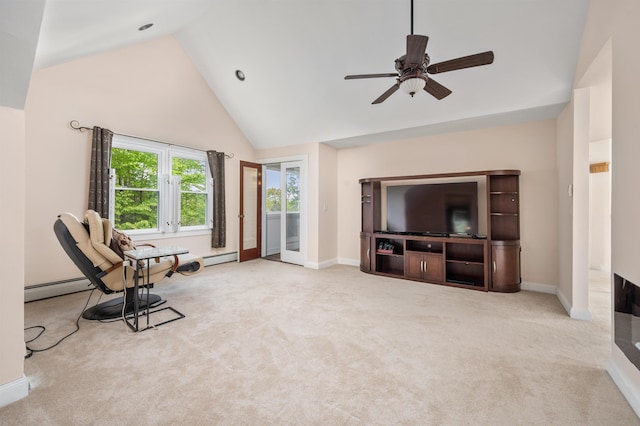 12 Drew Ln, Laconia, NH 03246 - sitting room featuring ceiling fan, baseboards, carpet floors, and high vaulted ceiling