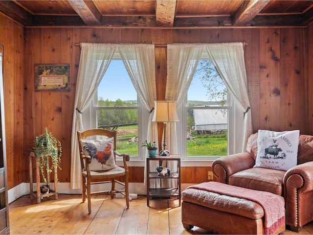 183 Morrie Rd, Washington, VT 05675 - sitting room featuring wood ceiling with exposed beams, wooden walls, and light wood-style floors