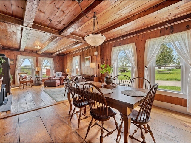 183 Morrie Rd, Washington, VT 05675 - dining area featuring wooden ceiling with exposed beams, light wood-style flooring, healthy amount of natural light, and wood walls