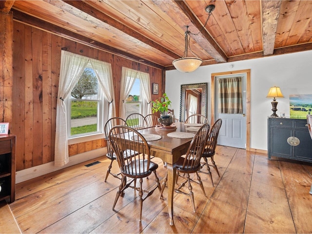 183 Morrie Rd, Washington, VT 05675 - dining room with wooden ceiling with exposed beams, light wood-type flooring, wooden walls, and baseboards