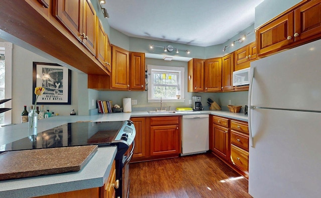 825 S End Rd, North Hero, VT 05457 - kitchen featuring white appliances, a sink, dark wood-style floors, and light countertops