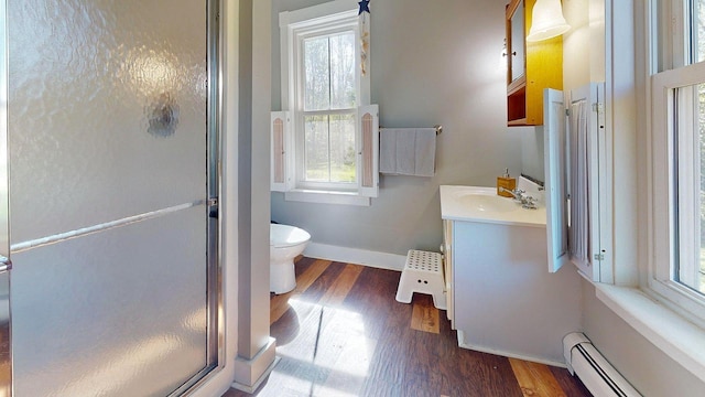 825 S End Rd, North Hero, VT 05457 - bathroom featuring a baseboard heating unit, vanity, a stall shower, and healthy amount of natural light
