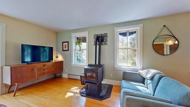 825 S End Rd, North Hero, VT 05457 - living area with a baseboard heating unit, light wood-style floors, a wood stove, and baseboards