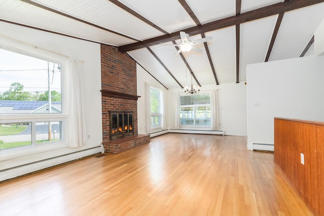 18 Riverdale Ave, Dover, NH 03820 - unfurnished living room featuring baseboard heating, a chandelier, light wood-type flooring, a fireplace, and beam ceiling