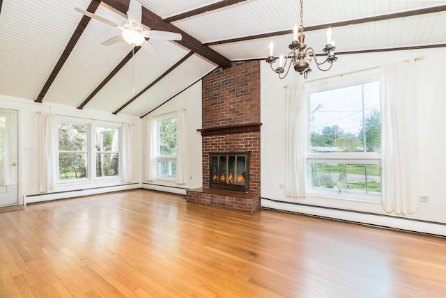 18 Riverdale Ave, Dover, NH 03820 - unfurnished living room featuring a chandelier, wood finished floors, a fireplace, ceiling fan, and a baseboard heating unit