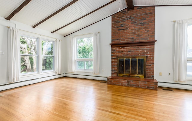 18 Riverdale Ave, Dover, NH 03820 - unfurnished living room featuring wood finished floors, baseboard heating, and a brick fireplace