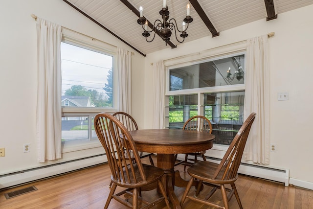 18 Riverdale Ave, Dover, NH 03820 - dining room featuring a chandelier, baseboard heating, healthy amount of natural light, and wooden ceiling