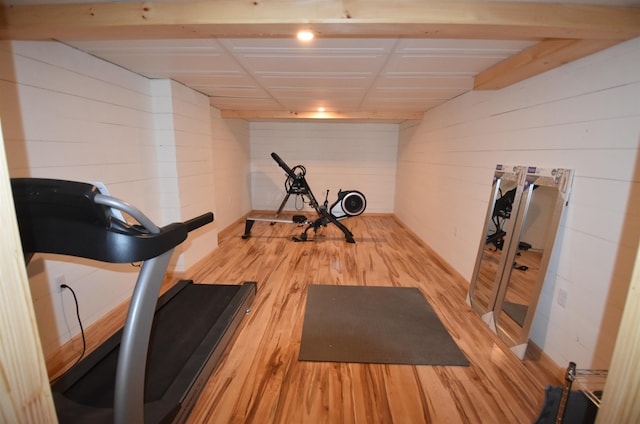 3900 Jersey St, Panton, VT 05491 - workout room with wood finished floors and wooden walls
