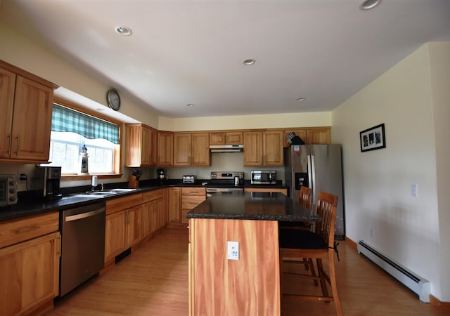 3900 Jersey St, Panton, VT 05491 - kitchen with a baseboard radiator, stainless steel appliances, a sink, under cabinet range hood, and a center island