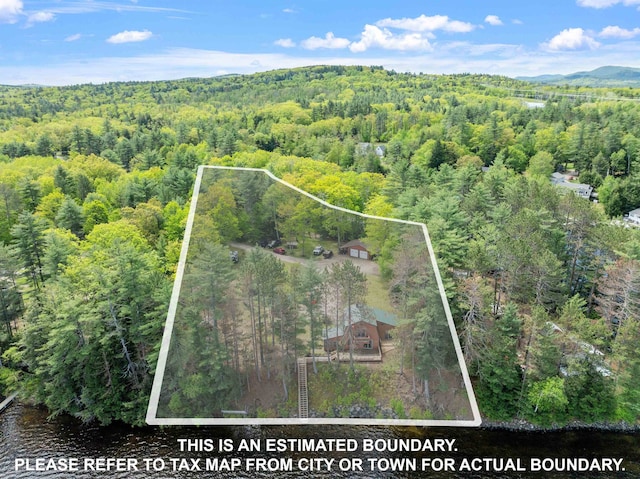 34 Winter Hill Ln, Andover, NH 03216 - aerial view of property's location featuring a heavily wooded area, property boundaries highlighted, and a water and mountain view