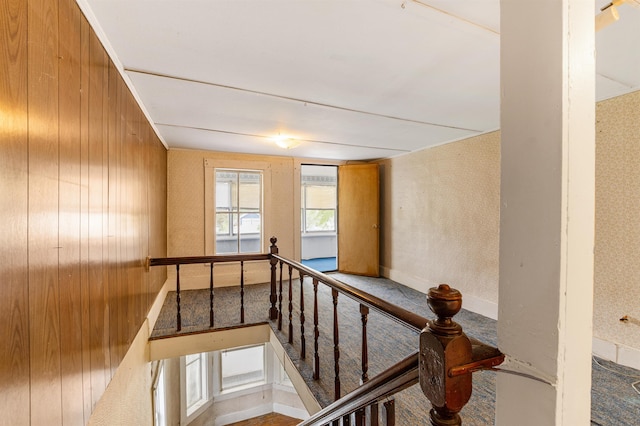 25 Eames St, Northumberland, NH 03582 - stairs with carpet, wood walls, and wallpapered walls