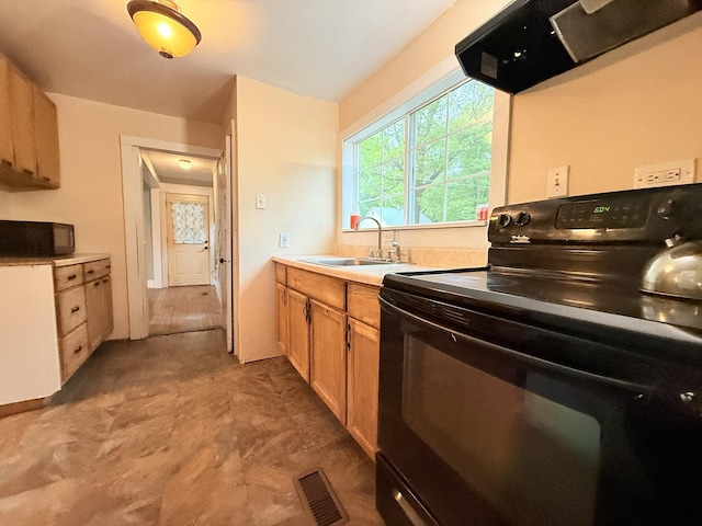 19 Gambier St, Claremont, NH 03743 - kitchen featuring black / electric stove, a sink, range hood, and light countertops