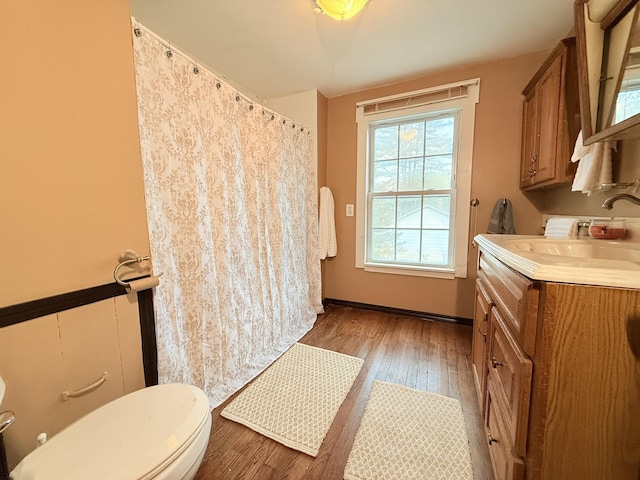 19 Gambier St, Claremont, NH 03743 - bathroom with vanity, toilet, wood finished floors, and curtained shower