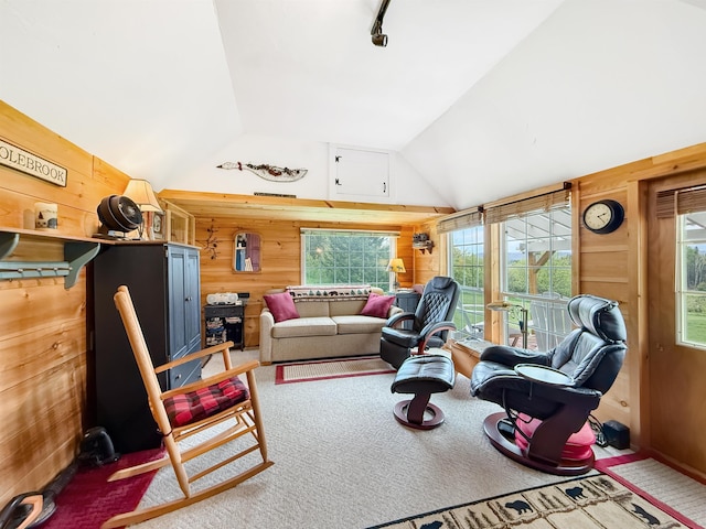 718 Reed Rd, Colebrook, NH 03576 - carpeted living room featuring wood walls and vaulted ceiling