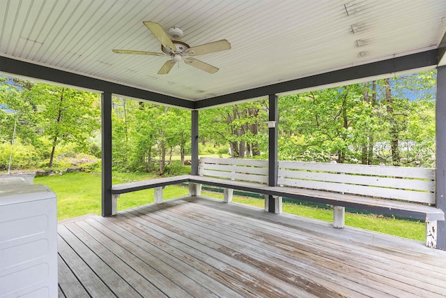 29 Laurel St, Goffstown, NH 03045 - wooden deck featuring a ceiling fan, a yard, and view of scattered trees
