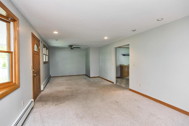 29 Laurel St, Goffstown, NH 03045 - unfurnished room featuring a baseboard heating unit, light carpet, recessed lighting, a ceiling fan, and baseboards