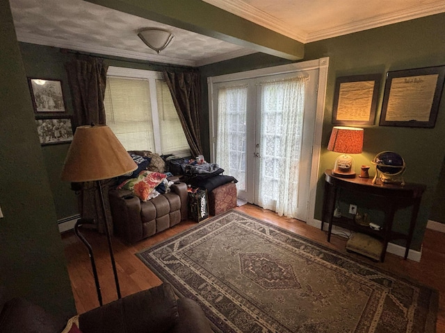 68 N Lowell Rd, Windham, NH 03087 - living area with wood finished floors, baseboard heating, ornamental molding, and french doors