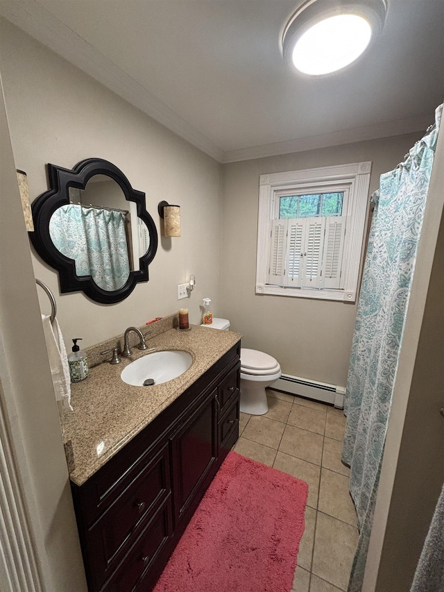 68 N Lowell Rd, Windham, NH 03087 - bathroom with baseboard heating, vanity, toilet, tile patterned floors, and ornamental molding