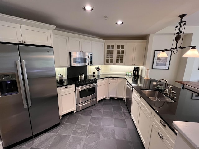 102 Forest Drive 310Interval I W/Lockout 308, Warren, VT 05674 - kitchen featuring appliances with stainless steel finishes, a sink, white cabinetry, dark countertops, and glass insert cabinets