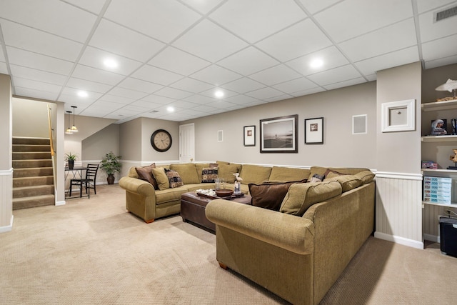 52 Hardy Rd, Bedford, NH 03110 - living room with carpet, stairway, wainscoting, and a drop ceiling