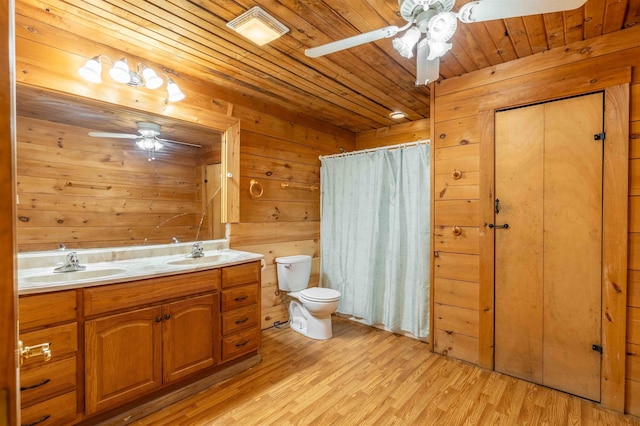 122 Flagg Rd, Rochester, NH 03839 - full bath featuring ceiling fan, toilet, wooden ceiling, wood walls, and wood finished floors