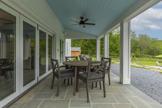 1640 Three Maple Dr, Manchester, VT 05255 - sunroom featuring outdoor dining space, french doors, a ceiling fan, and vaulted ceiling