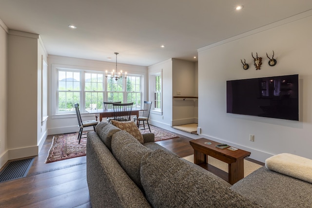 1640 Three Maple Dr, Manchester, VT 05255 - living area featuring baseboards, a chandelier, dark wood-style floors, recessed lighting, and crown molding