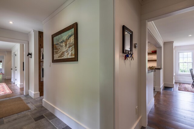 1640 Three Maple Dr, Manchester, VT 05255 - hall with baseboards, ornamental molding, recessed lighting, and dark wood-type flooring