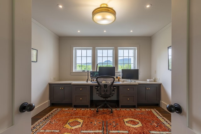 1640 Three Maple Dr, Manchester, VT 05255 - office area with crown molding, baseboards, dark wood-style floors, and recessed lighting