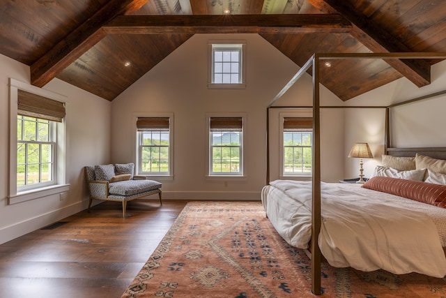 1640 Three Maple Dr, Manchester, VT 05255 - bedroom featuring wood ceiling with exposed beams, multiple windows, hardwood / wood-style flooring, baseboards, and high vaulted ceiling