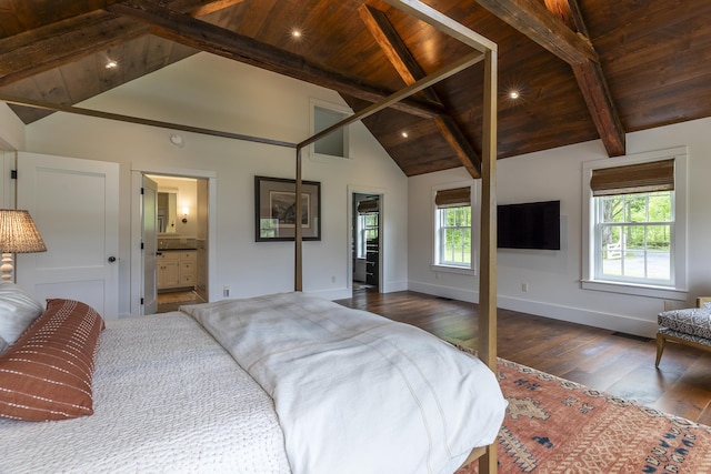 1640 Three Maple Dr, Manchester, VT 05255 - bedroom featuring wood ceiling, hardwood / wood-style floors, baseboards, connected bathroom, and recessed lighting