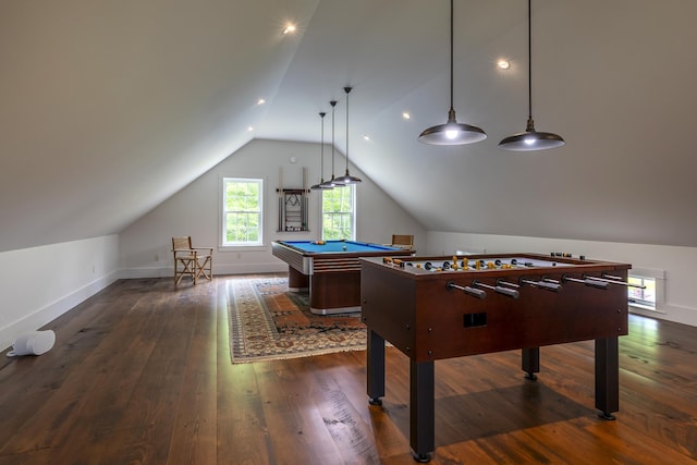 1640 Three Maple Dr, Manchester, VT 05255 - rec room featuring lofted ceiling, billiards, hardwood / wood-style floors, baseboards, and recessed lighting