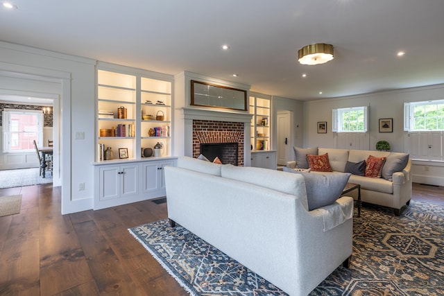 1640 Three Maple Dr, Manchester, VT 05255 - living room with dark wood finished floors, a brick fireplace, recessed lighting, and baseboards