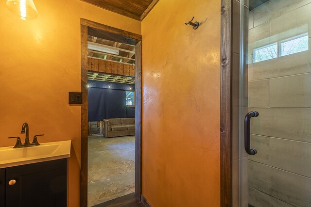 31 Highland View Rd, Weston, VT 05161 - bathroom with a stall shower, vanity, and concrete floors