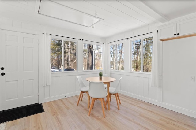 70 Broadway Dr, Amherst, NH 03031 - dining area with light wood-style floors, attic access, beam ceiling, and baseboards